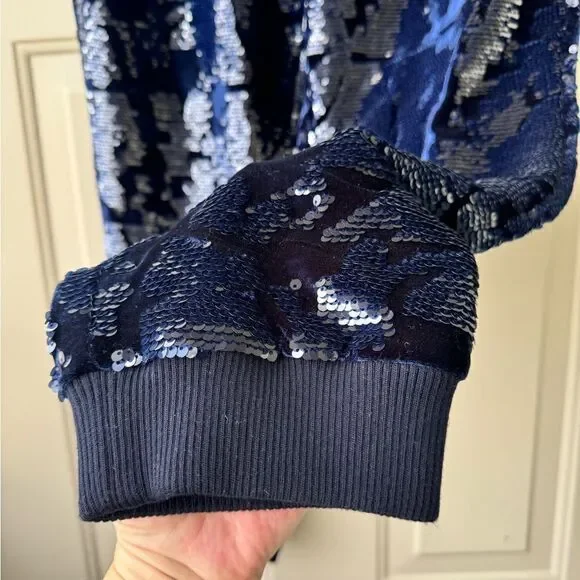 Anthropologie ett:twa Sequin Velvet Joggers Holiday Sparkle navy blue Medium M - Picture 15 of 16